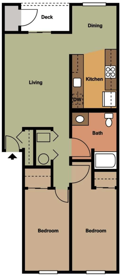 Floor plan for 2 beds, 1 bath, 804 sqft